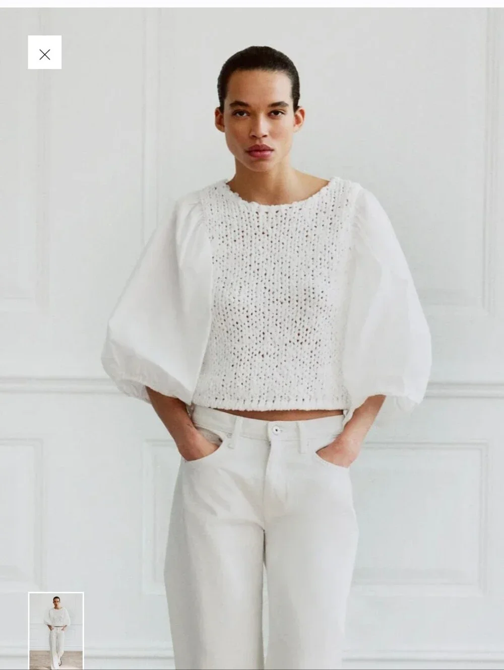 Zara White Crochet Knit Puff-Sleeve Top